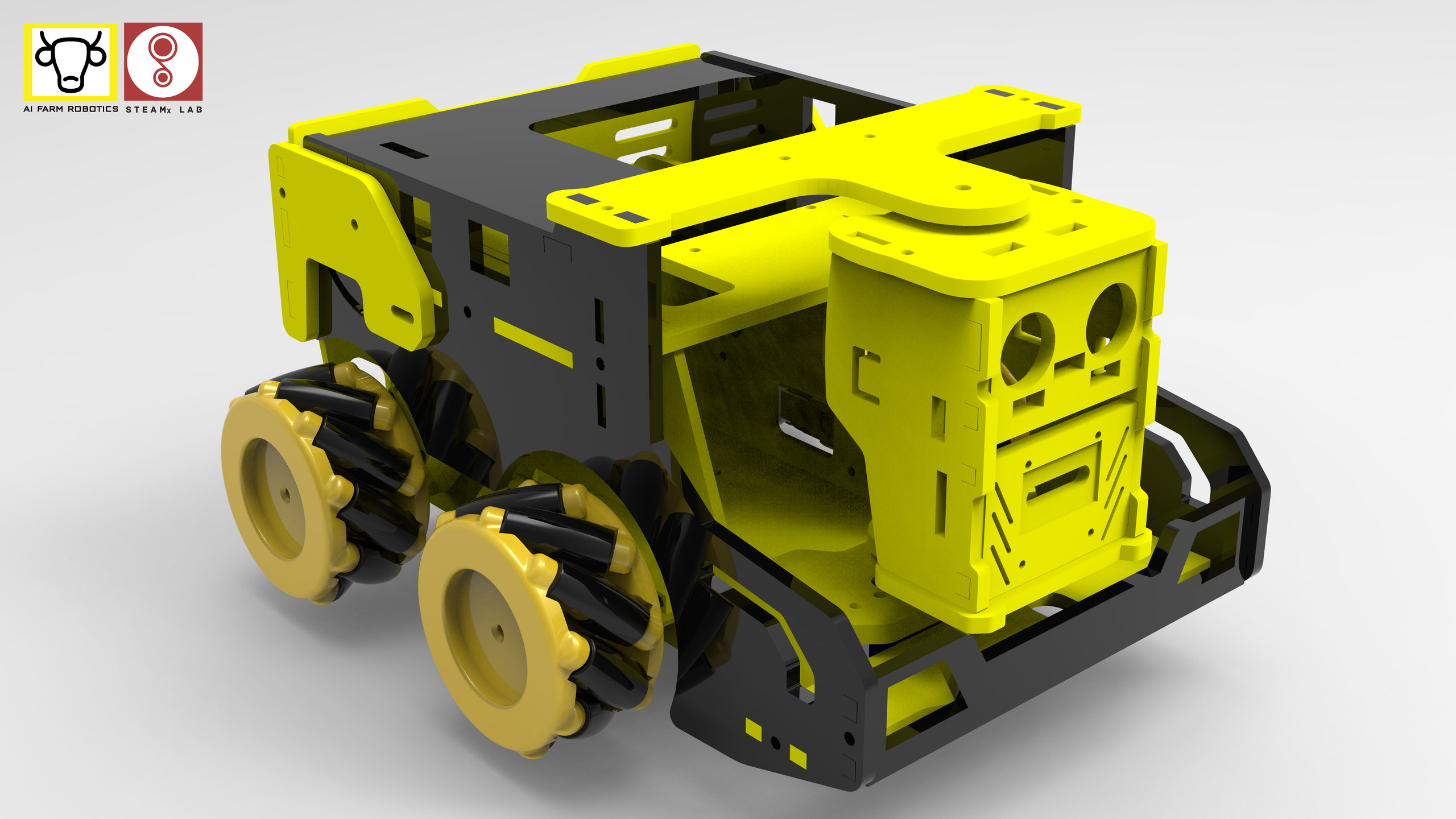 A front angled render of a yellow and black robot with four mecanum wheels