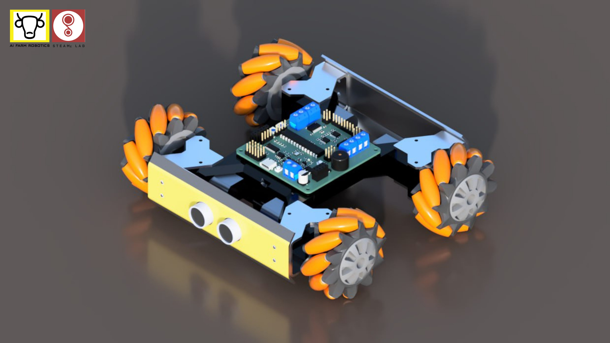 A rendered blue and yellow robot with four orange roller wheels and exposed circuit boards