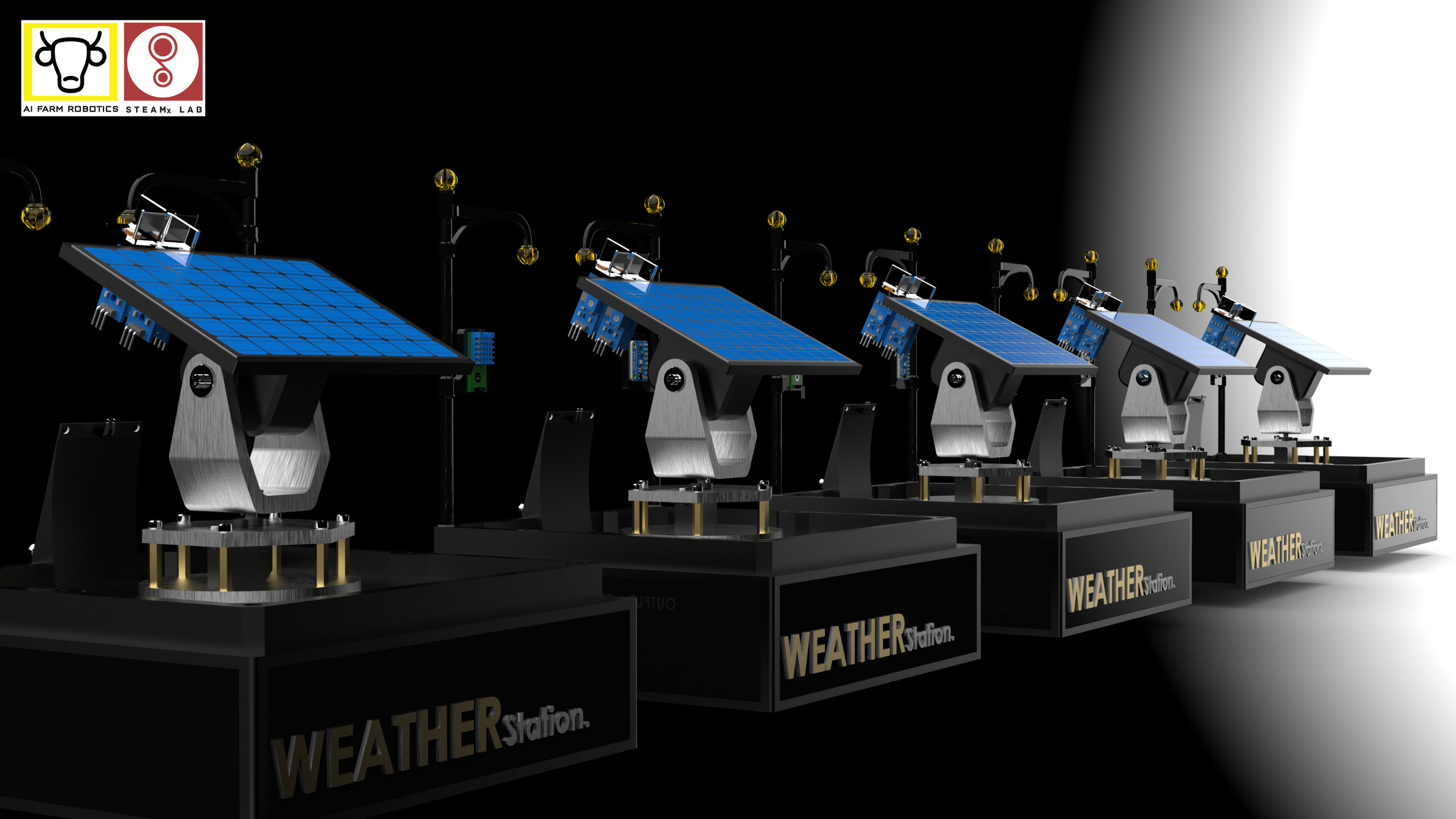 A row of rendered weather-station models with blue solar panels and sensors on black display bases