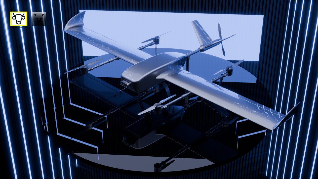An angled view of a rendered fixed-wing aircraft with additional vertical propellers