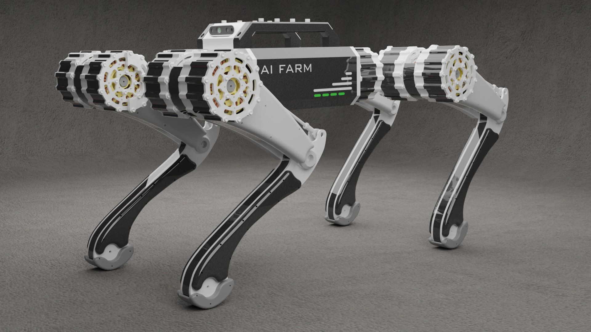A rendered gray four-legged robot with circular joints and an AI FARM marking on its body