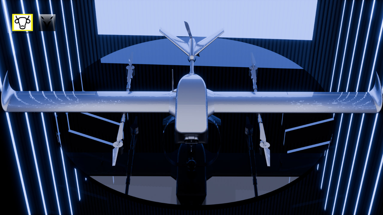 A front view of a rendered fixed-wing aircraft with vertical propellers under its wings