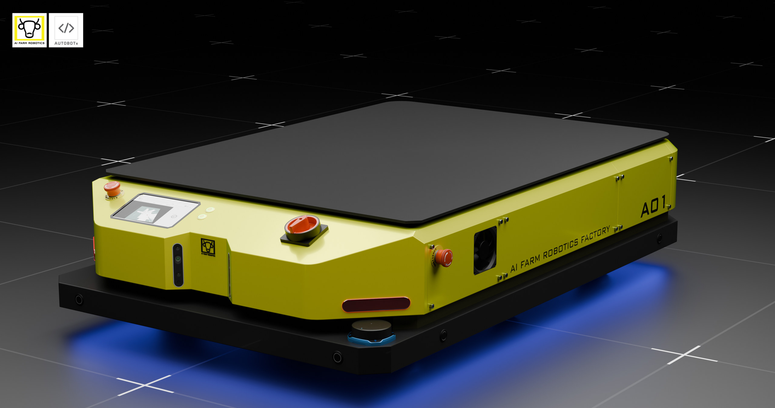 A low-profile yellow mobile platform with a black top, emergency stop button and blue underlighting
